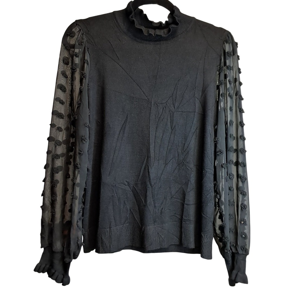 Adrianna Papell Black Sheer Swiss Dot‎ Sleeve Ruffle Mock Neck Sweater Small